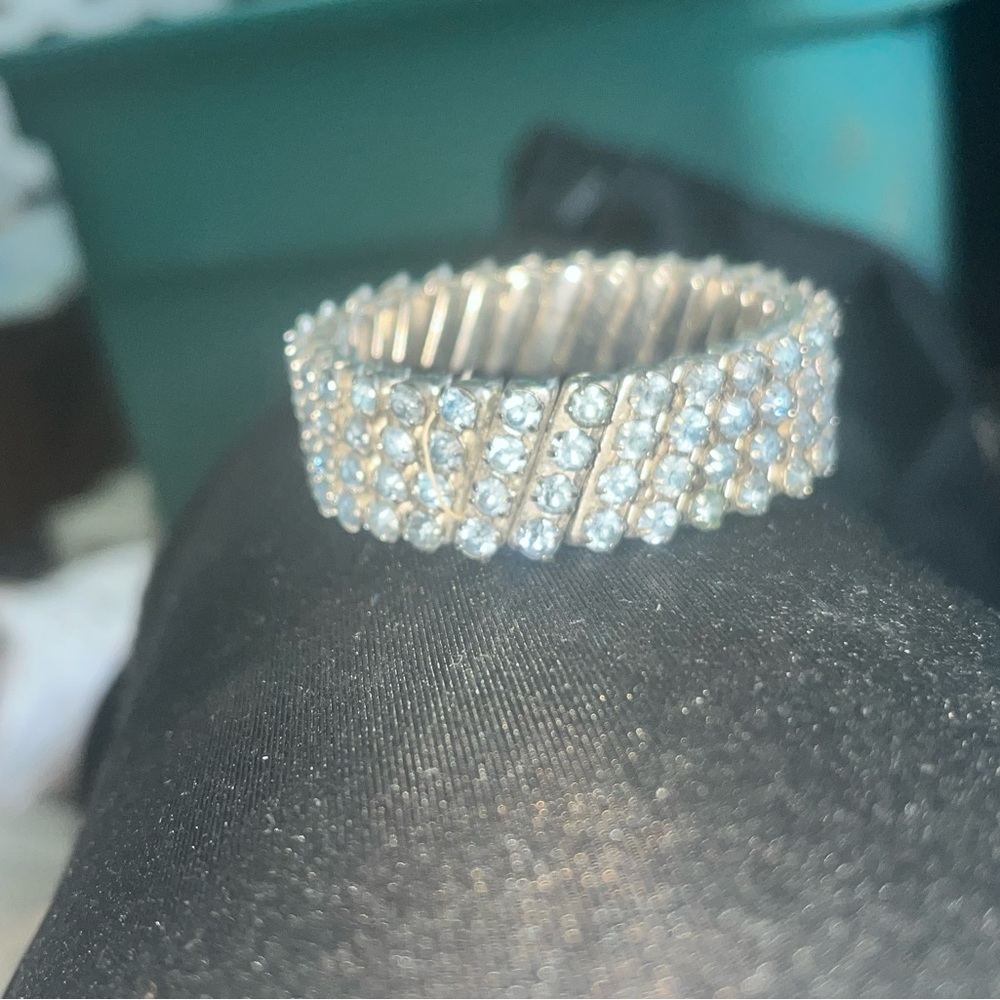 1950s hinged stretch clear prong set rhinestone bracelet rhodium plated